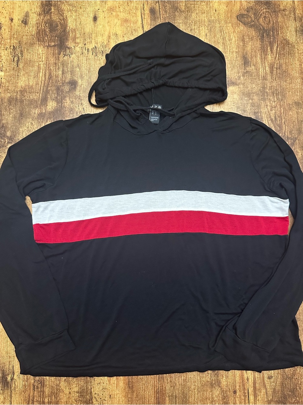 J2B Men's Black Hooded Pullover with white and Red Chest Stripes